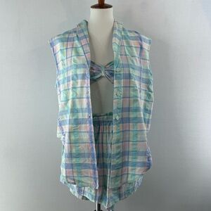 Vintage Sun Club by Catalina 3 Piece Pastel Plaid Halter Top Cover and Short Set